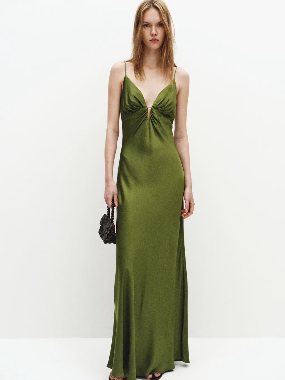Mango Olive Green Satin Twist-Front Maxi Dress